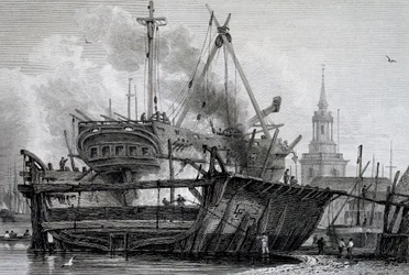 Rotherhithe, pływający dok w 1815 r., rycina J. C. Allena, z "Views on the Thames" wydanego przez WB & George Cooke, 1822 r.